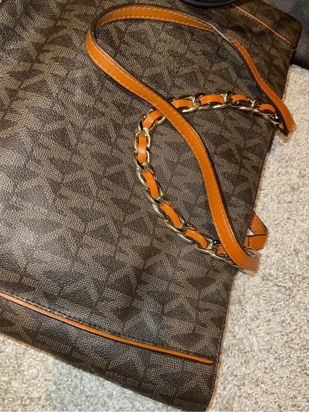 Michael Kors Dark Brown Signature Tote with Tan Leather and Gold Chain